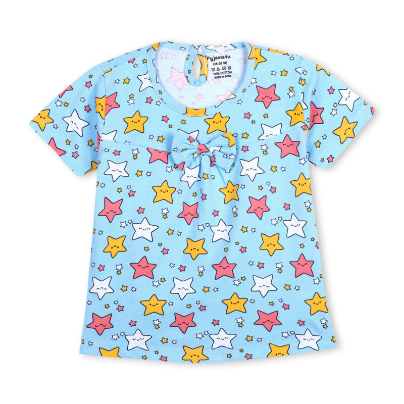 Stars Printed Cotton Night Suit For Girls | Blue
