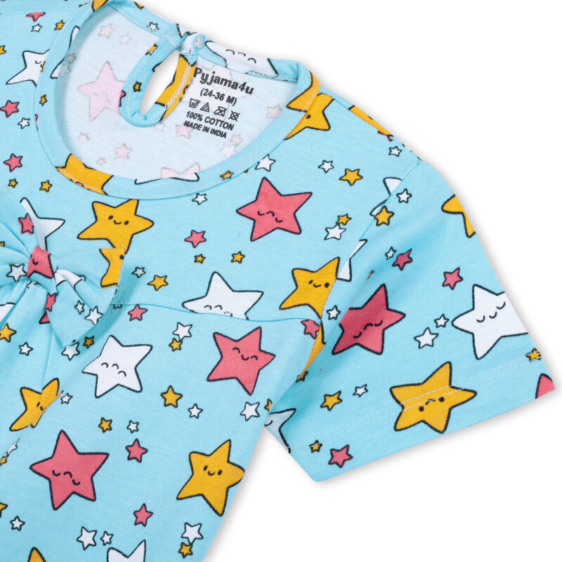 Stars Printed Cotton Night Suit For Girls | Blue