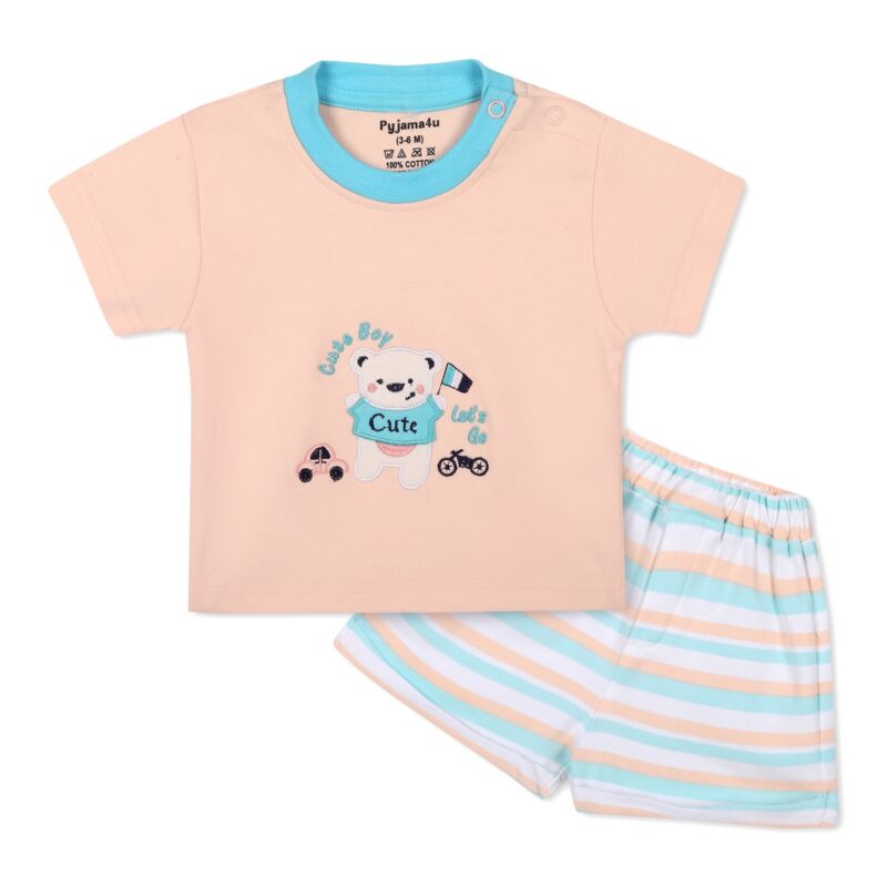 Baby Boy Baba Suit with Cotton T-shirt And Short Set | Peach and Green